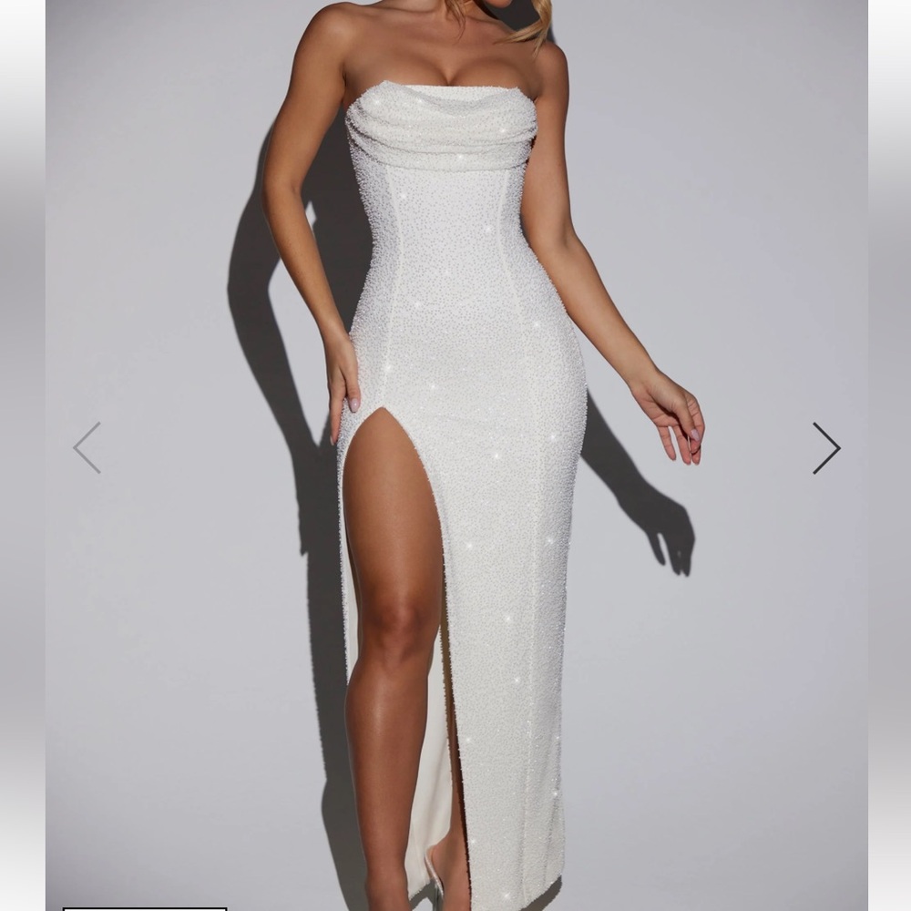 Oh Polly Embellished Bandeau Cowl Neck Maxi Dress in Ivory